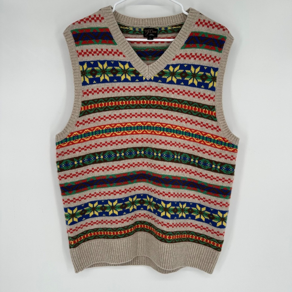 J.Crew Mens 100% Cashmere Fair Isle Sweater Vest Large V-Neck Tan Multi BS375